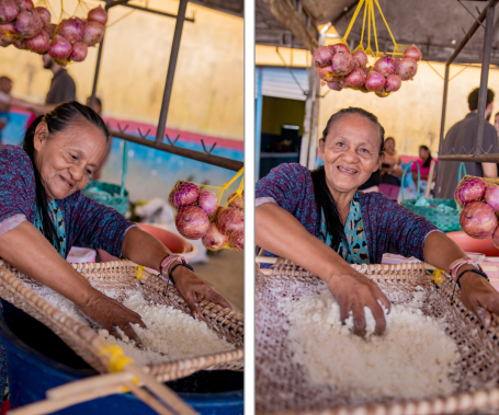 Una mujer indígena tikuna utiliza una canasta tejida para cernir harina de yuca a mano