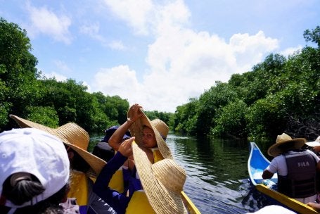 Un grupo de turistas recorre en canoa un bosque de manglar en Colombia. El ecoturismo es uno de los sectores que podrían crecer dentro de la economía basada en la naturaleza del país.